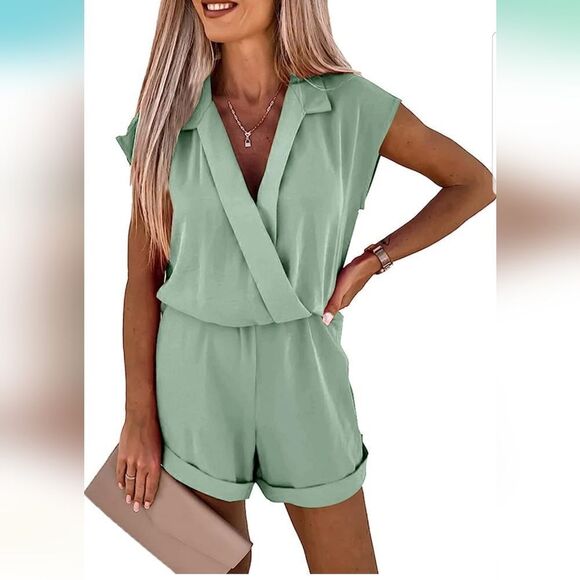 PRETTYGARDEN Women's Romper Dressy Summer 2023 Wrap V Neck Short Sleeve Wide Leg - Picture 2 of 16